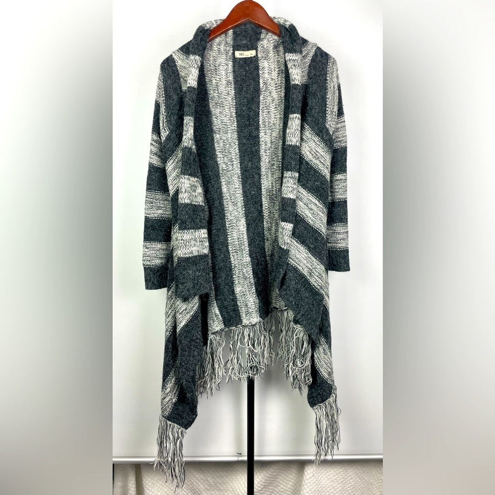 Tris Design Gray Striped Mohair‎ Blend Fringe Trim Open Front Sweater